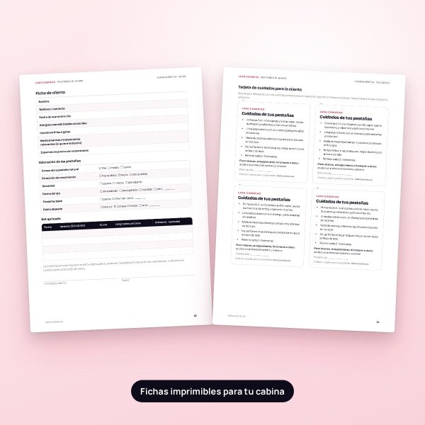 Páginas de la guía W-Shape: ficha de clienta y tarjeta de cuidados imprimibles